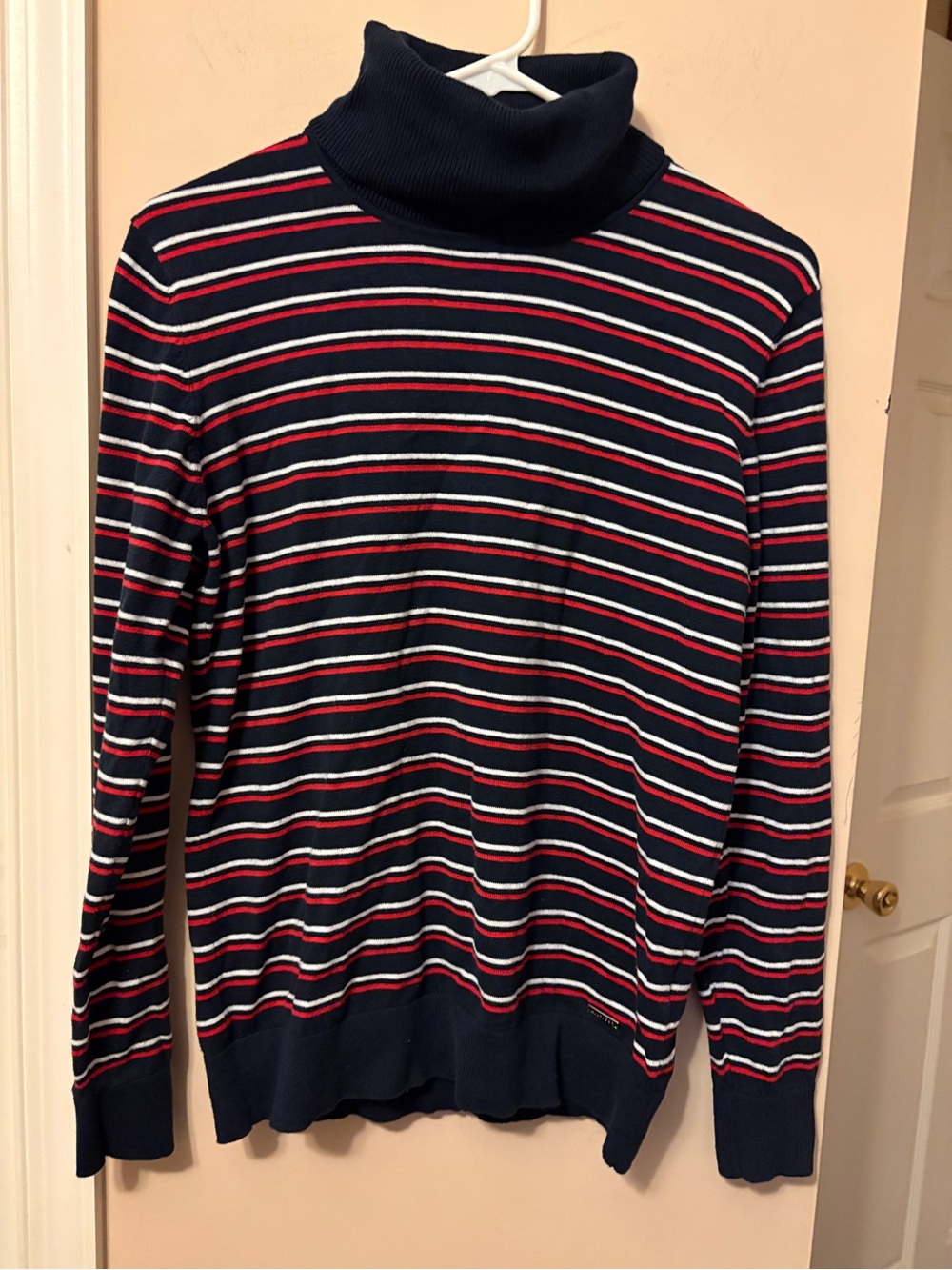 Tommy Hilfiger Navy Turtleneck Sweater with Red and White Stripes